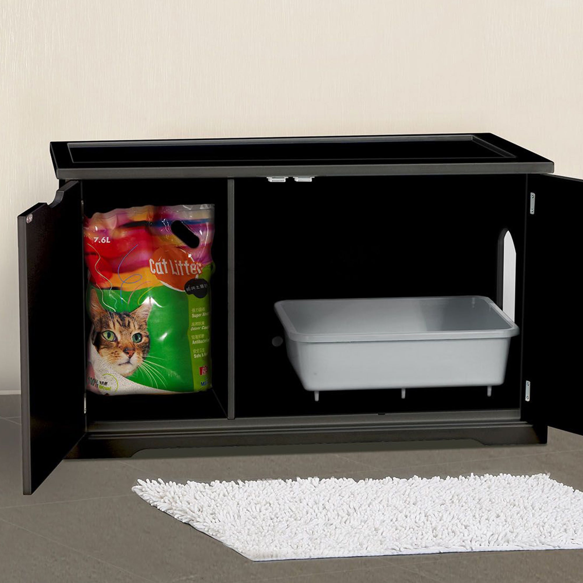 Merry Products Decorative Pet Cage w/ Protection Box End Table, Large, Brown + Merry Products Decorative Bench with Enclosed Cat Litter Washroom Box, Black - VMInnovations