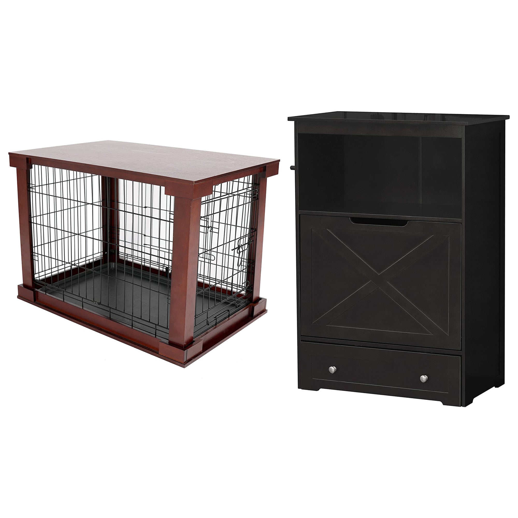 Merry Products Decorative Pet Cage w/ Protection Box End Table, Large, Brown + Zoovilla Pet Feeder Large Storage Bin with Hidden Elevated Dog Bowl Stand, Black - VMInnovations