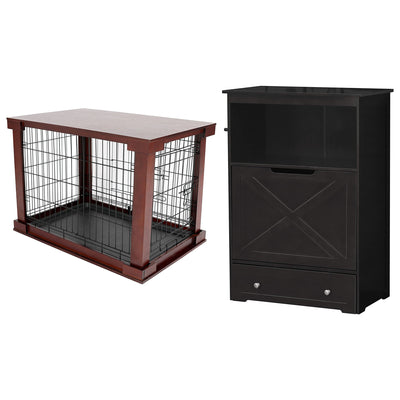 Merry Products Decorative Pet Cage w/ Protection Box End Table, Large, Brown + Zoovilla Pet Feeder Large Storage Bin with Hidden Elevated Dog Bowl Stand, Black - VMInnovations