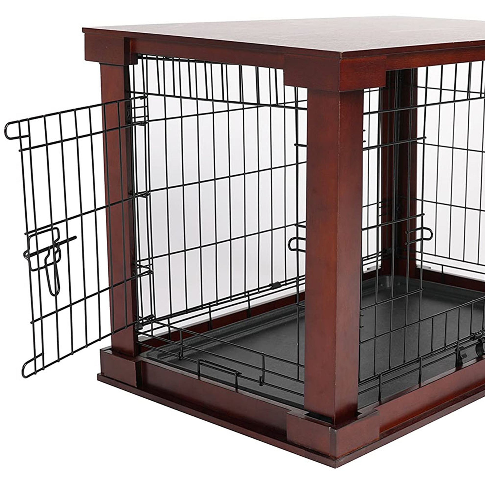 Merry Products Decorative Pet Cage w/ Protection Box End Table, Large, Brown + Zoovilla Pet Feeder Large Storage Bin with Hidden Elevated Dog Bowl Stand, Black - VMInnovations