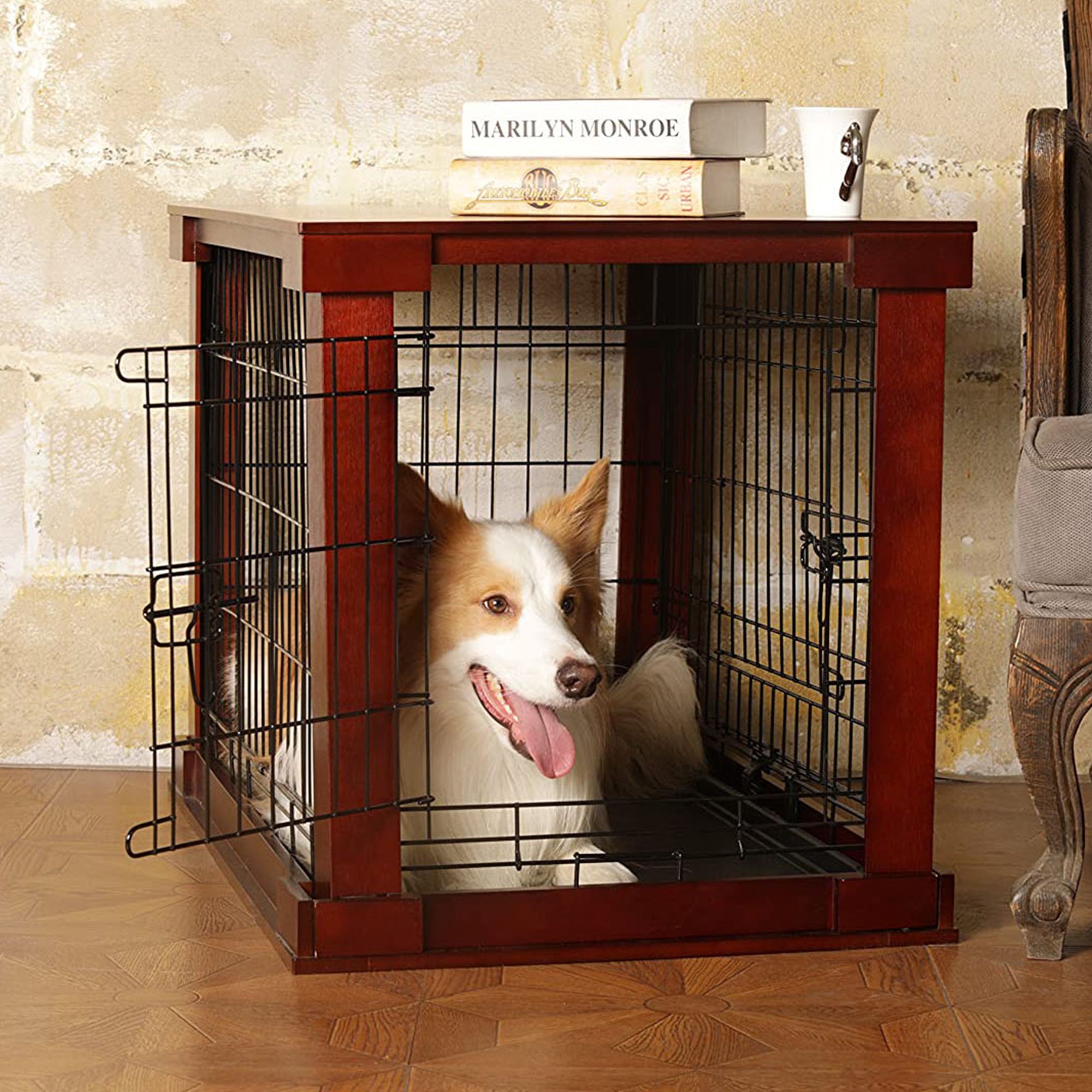 Merry Products Decorative Pet Cage w/ Protection Box End Table, Large, Brown + Zoovilla Pet Feeder Large Storage Bin with Hidden Elevated Dog Bowl Stand, Black - VMInnovations