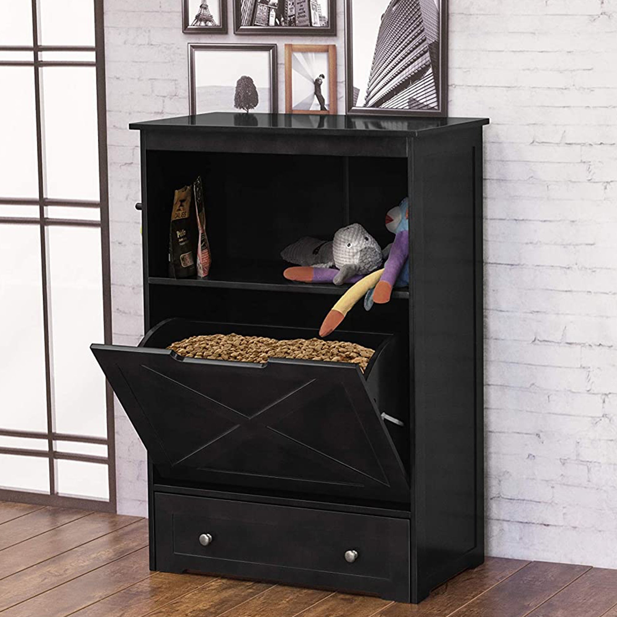 Merry Products Decorative Pet Cage w/ Protection Box End Table, Large, Brown + Zoovilla Pet Feeder Large Storage Bin with Hidden Elevated Dog Bowl Stand, Black - VMInnovations