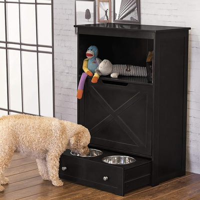 Merry Products Decorative Pet Cage w/ Protection Box End Table, Large, Brown + Zoovilla Pet Feeder Large Storage Bin with Hidden Elevated Dog Bowl Stand, Black - VMInnovations