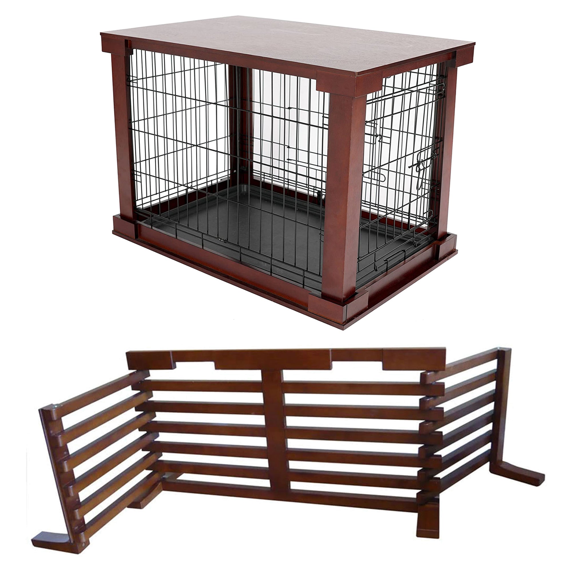 Merry Products Decorative Pet Cage w/ Protection Box End Table, Large, Brown + Merry Products Wooden 6 Foot Dog Gate-N-Crate for Small to Medium Pets, Walnut