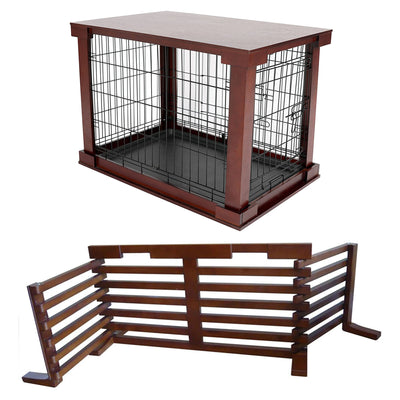 Merry Products Decorative Pet Cage w/ Protection Box End Table, Large, Brown + Merry Products Wooden 6 Foot Dog Gate-N-Crate for Small to Medium Pets, Walnut