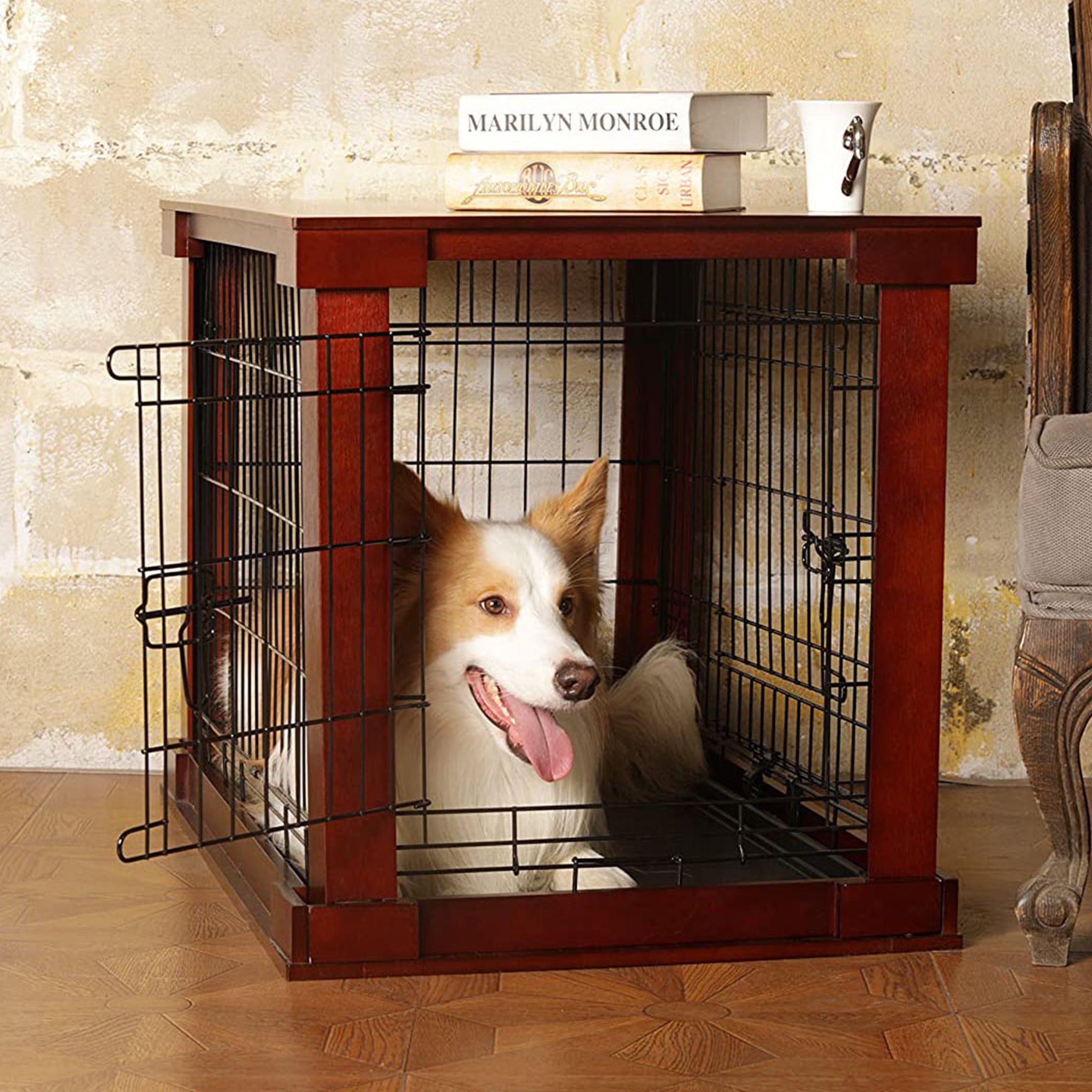 Merry Products Decorative Pet Cage w/ Protection Box End Table, Large, Brown + Merry Products Wooden 6 Foot Dog Gate-N-Crate for Small to Medium Pets, Walnut