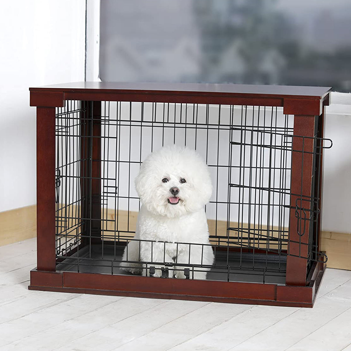 Merry Products Decorative Pet Cage w/ Protection Box End Table, Large, Brown + Merry Products Wooden 6 Foot Dog Gate-N-Crate for Small to Medium Pets, Walnut