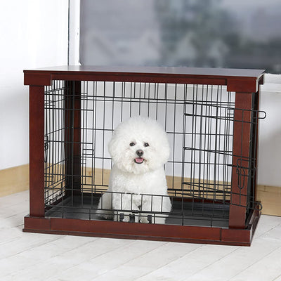Merry Products Decorative Pet Cage w/ Protection Box End Table, Large, Brown + Merry Products Wooden 6 Foot Dog Gate-N-Crate for Small to Medium Pets, Walnut