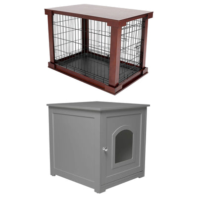 Merry Products Decorative Pet Cage w/ Protection Box End Table, Large, Brown + zoovilla Kitty Litter Loo Indoor Hidden Litter Box Enclosure Furniture, Gray
