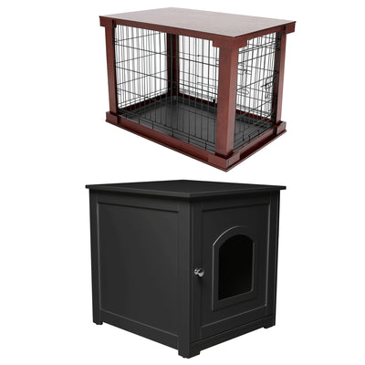 Merry Products Decorative Pet Cage w/ Protection Box End Table, Large, Brown + zoovilla Kitty Litter Loo Indoor Hidden Litter Box Furniture Enclosure, Black