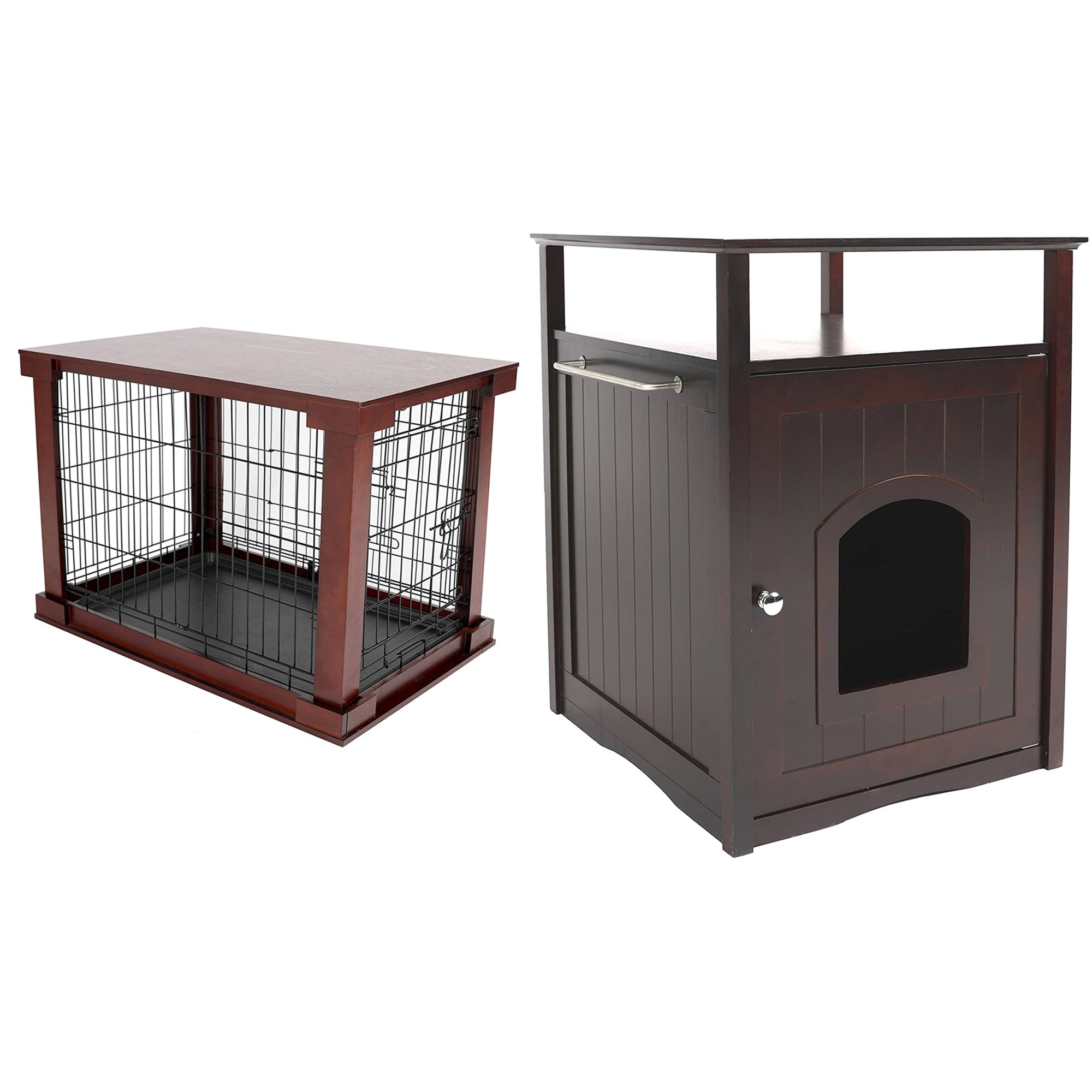 Merry Products Decorative Pet Cage w/ Protection Box End Table, Large, Brown + Merry Products Decorative Cat Enclosed Litter Box Washroom Night Stand, Espresso
