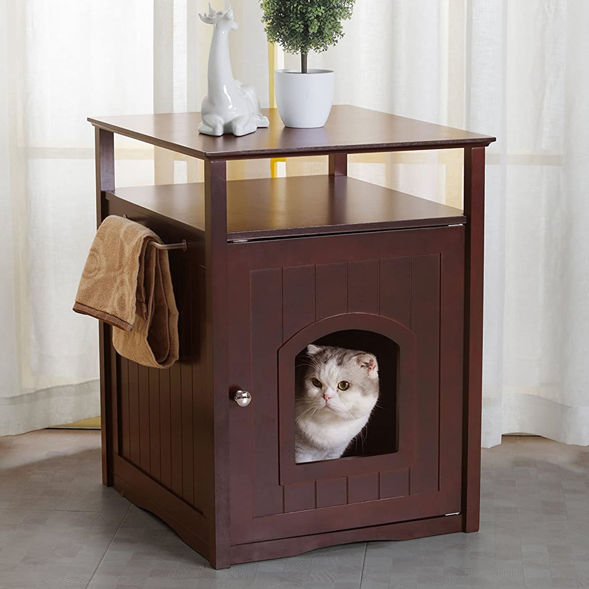 Merry Products Decorative Pet Cage w/ Protection Box End Table, Large, Brown + Merry Products Decorative Cat Enclosed Litter Box Washroom Night Stand, Espresso