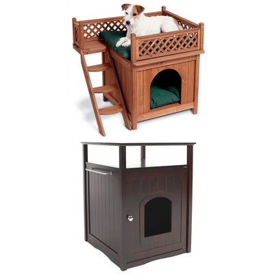 Merry Products Room w/ a View Indoor Outdoor 2 Level Wooden House for Small Pets + Merry Products Decorative Cat Enclosed Litter Box Washroom Night Stand, Espresso