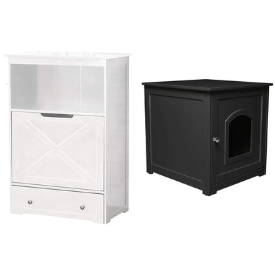 Zoovilla Pet Feeder Large Storage Bin with Hidden Elevated Dog Bowl Stand, White + zoovilla Kitty Litter Loo Indoor Hidden Litter Box Furniture Enclosure, Black