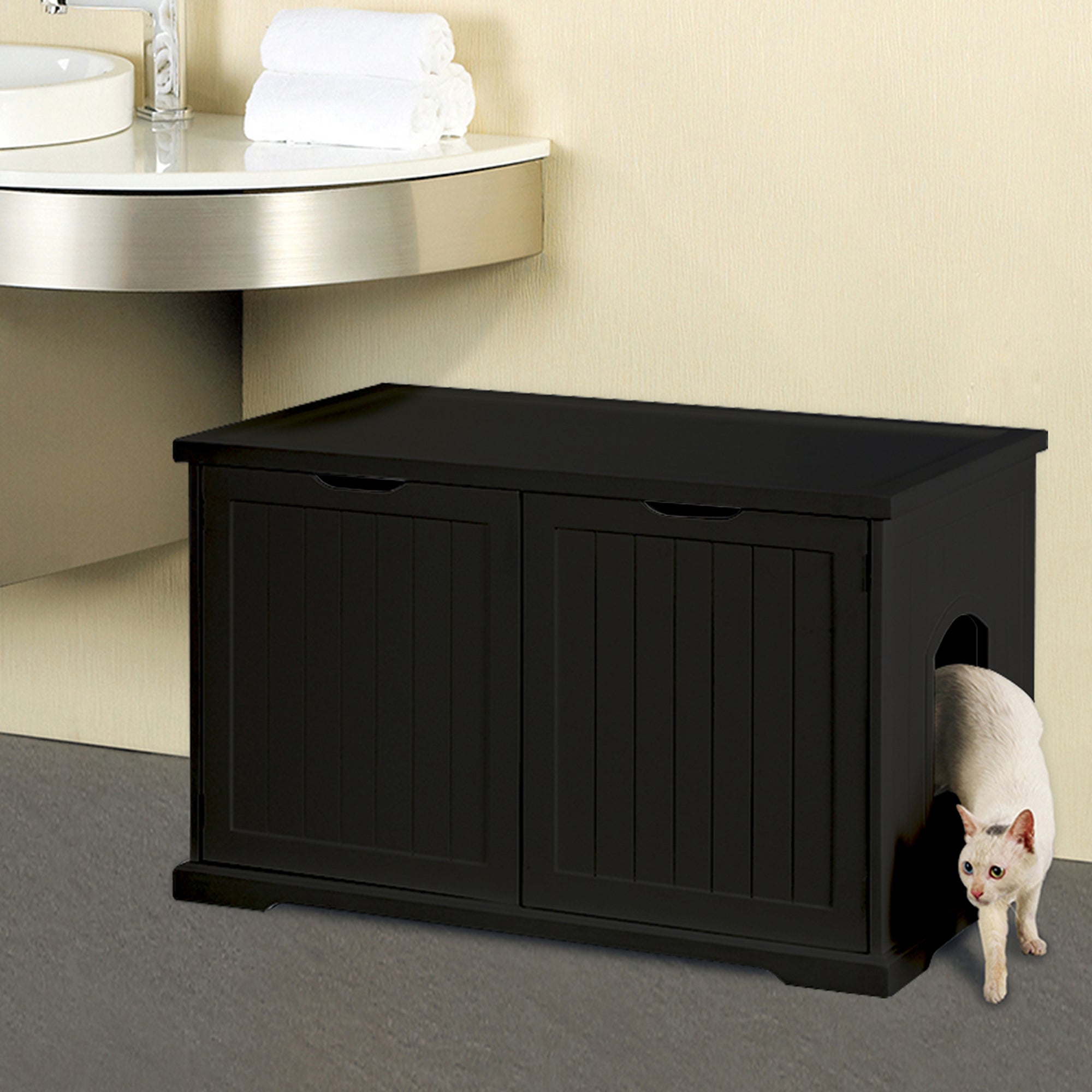 Merry Products Decorative Bench with Enclosed Cat Litter Washroom Box, Black + Merry Products Wooden 6 Foot Dog Gate-N-Crate for Small to Medium Pets, Walnut