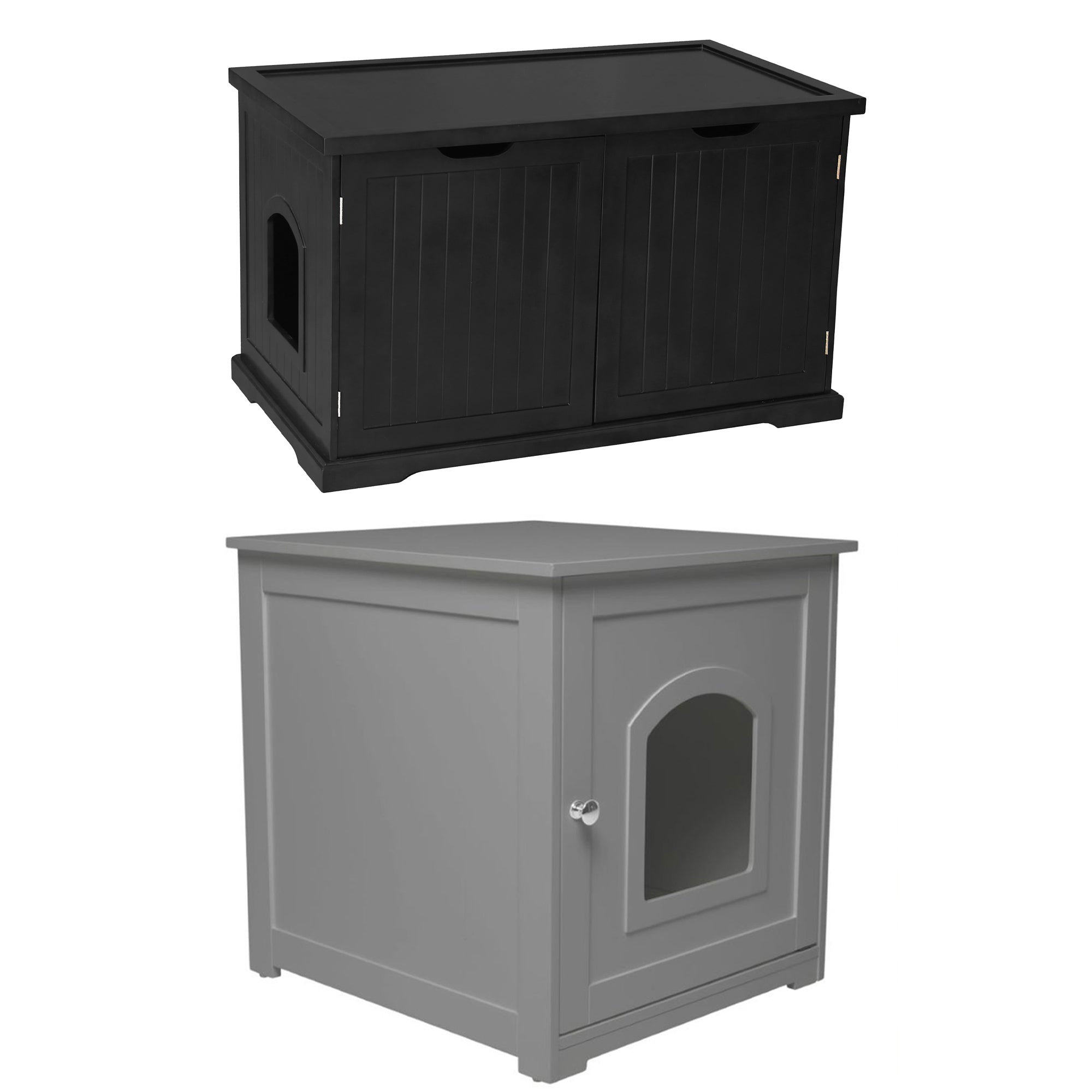 Merry Products Decorative Bench with Enclosed Cat Litter Washroom Box, Black + zoovilla Kitty Litter Loo Indoor Hidden Litter Box Enclosure Furniture, Gray