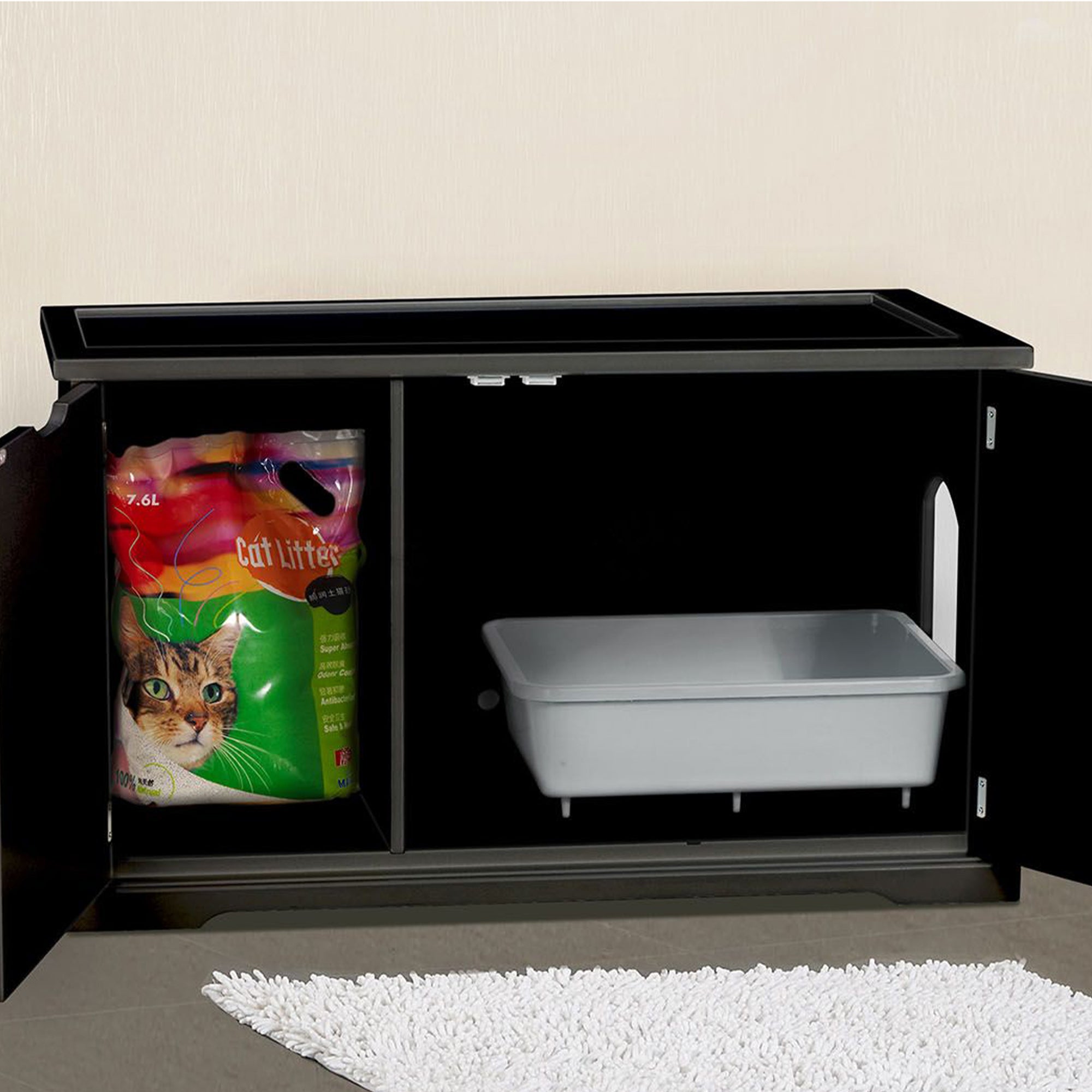 Merry Products Decorative Bench with Enclosed Cat Litter Washroom Box, Black + zoovilla Kitty Litter Loo Indoor Hidden Litter Box Enclosure Furniture, Gray