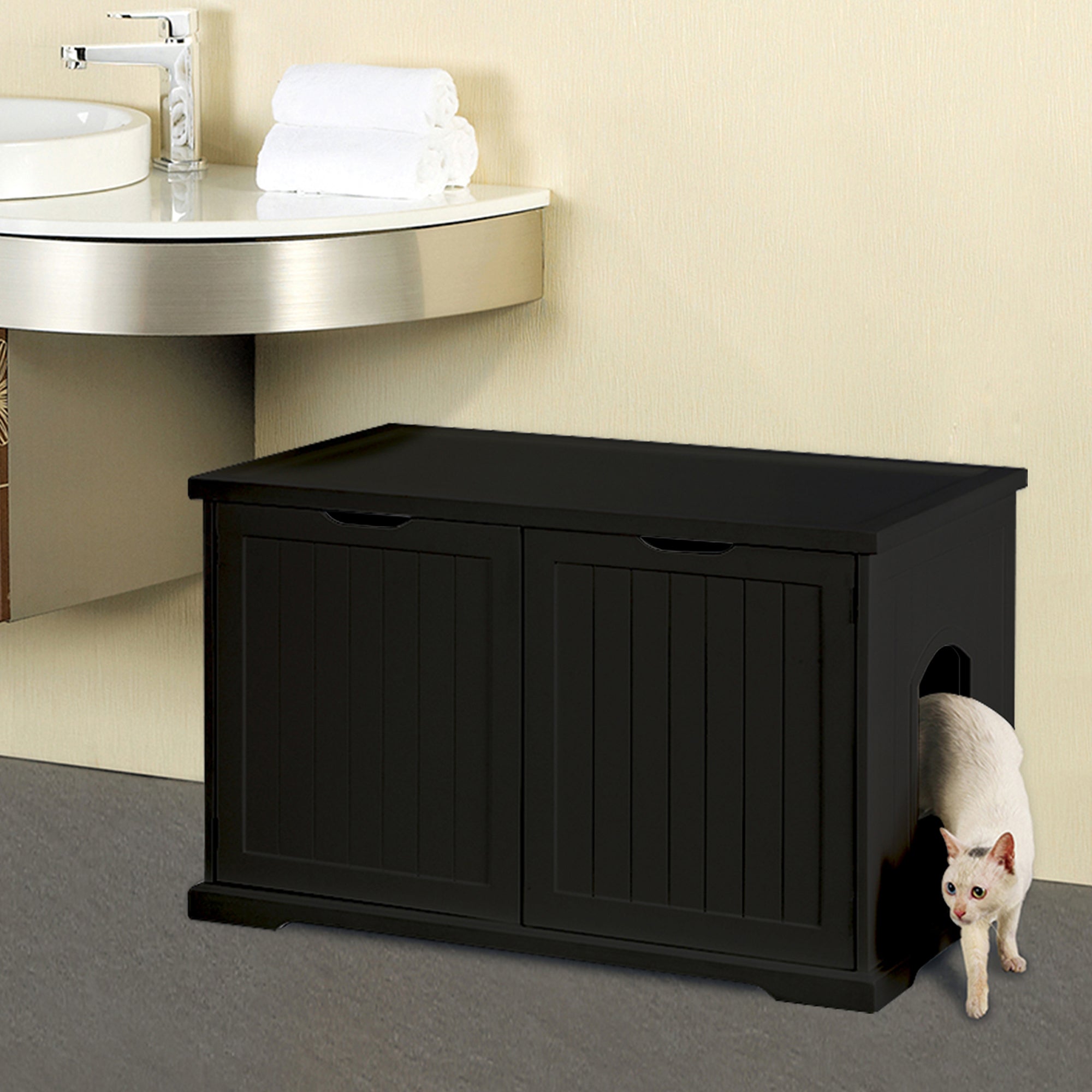 Merry Products Decorative Bench with Enclosed Cat Litter Washroom Box, Black + zoovilla Kitty Litter Loo Indoor Hidden Litter Box Enclosure Furniture, Gray