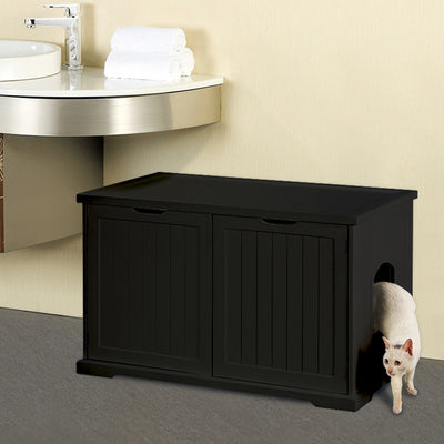 Merry Products Decorative Bench with Enclosed Cat Litter Washroom Box, Black + zoovilla Kitty Litter Loo Indoor Hidden Litter Box Enclosure Furniture, Gray