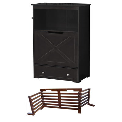 Zoovilla Pet Feeder Large Storage Bin with Hidden Elevated Dog Bowl Stand, Black + Merry Products Wooden 6 Foot Dog Gate-N-Crate for Small to Medium Pets, Walnut