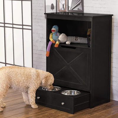 Zoovilla Pet Feeder Large Storage Bin with Hidden Elevated Dog Bowl Stand, Black + Merry Products Wooden 6 Foot Dog Gate-N-Crate for Small to Medium Pets, Walnut