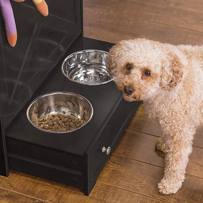 Zoovilla Pet Feeder Large Storage Bin with Hidden Elevated Dog Bowl Stand, Black + Merry Products Wooden 6 Foot Dog Gate-N-Crate for Small to Medium Pets, Walnut