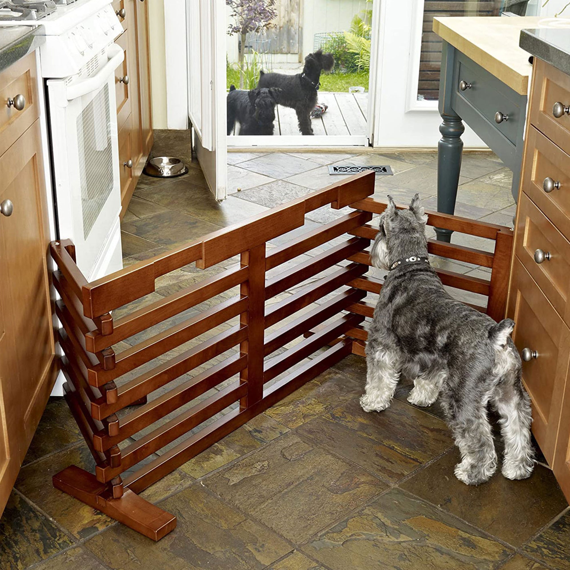 Zoovilla Pet Feeder Large Storage Bin with Hidden Elevated Dog Bowl Stand, Black + Merry Products Wooden 6 Foot Dog Gate-N-Crate for Small to Medium Pets, Walnut