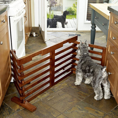 Zoovilla Pet Feeder Large Storage Bin with Hidden Elevated Dog Bowl Stand, Black + Merry Products Wooden 6 Foot Dog Gate-N-Crate for Small to Medium Pets, Walnut