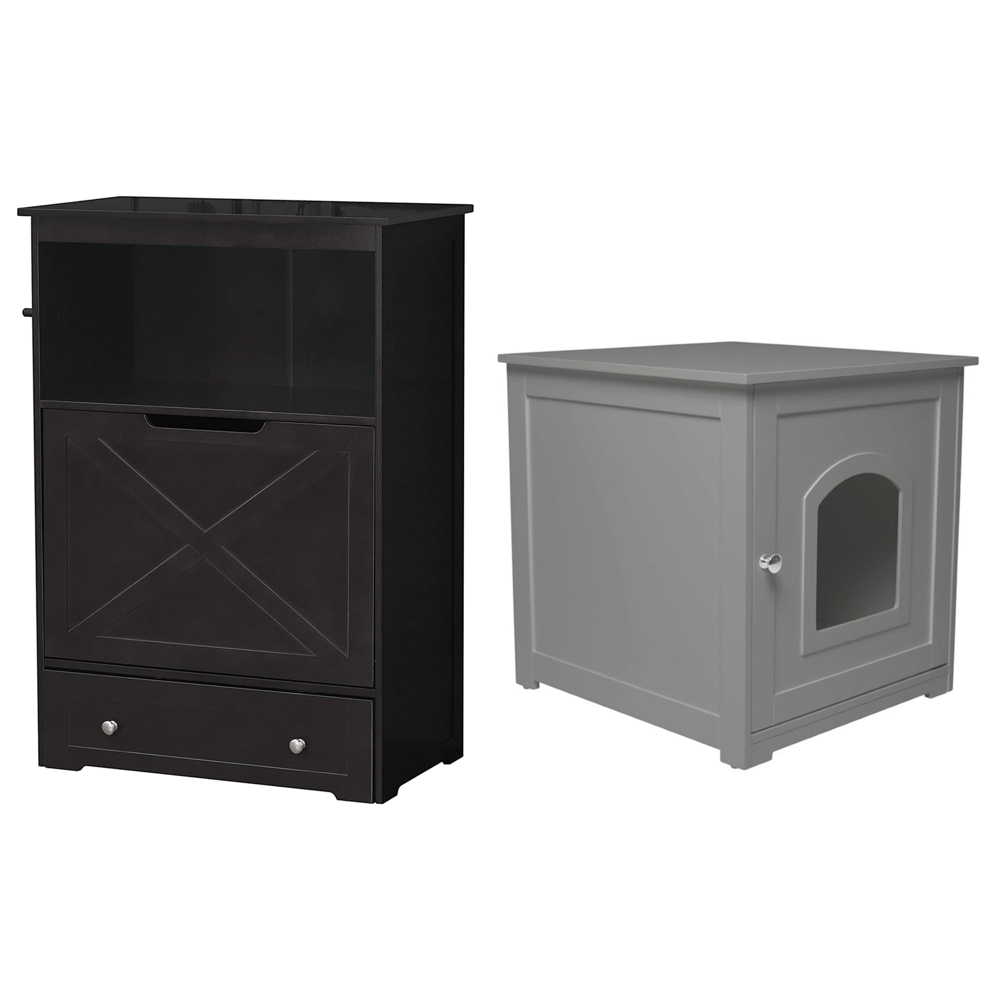 Zoovilla Pet Feeder Large Storage Bin with Hidden Elevated Dog Bowl Stand, Black + zoovilla Kitty Litter Loo Indoor Hidden Litter Box Enclosure Furniture, Gray