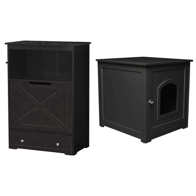 Zoovilla Pet Feeder Large Storage Bin with Hidden Elevated Dog Bowl Stand, Black + zoovilla Kitty Litter Loo Indoor Hidden Litter Box Furniture Enclosure, Black