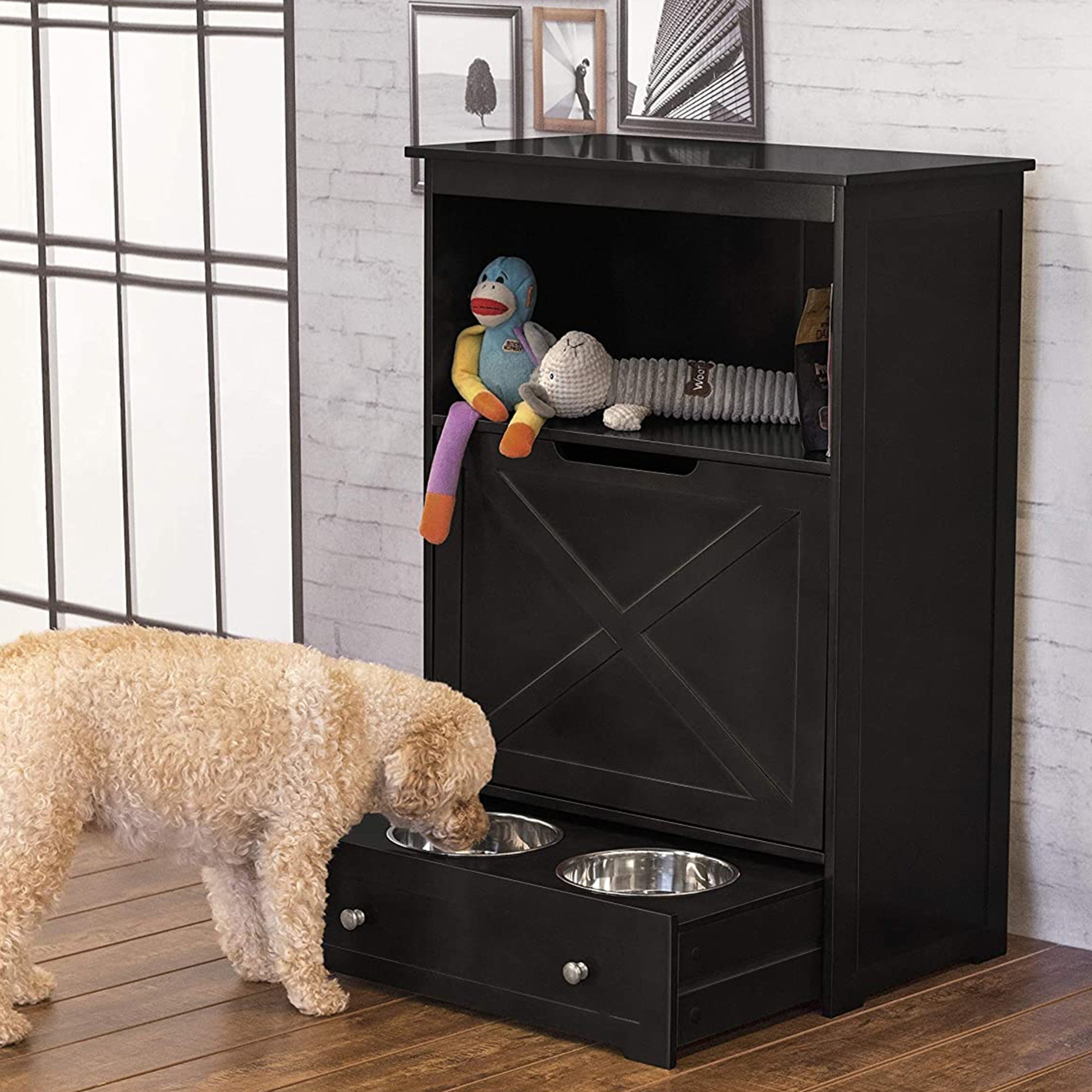 Zoovilla Pet Feeder Large Storage Bin with Hidden Elevated Dog Bowl Stand, Black + zoovilla Kitty Litter Loo Indoor Hidden Litter Box Furniture Enclosure, Black