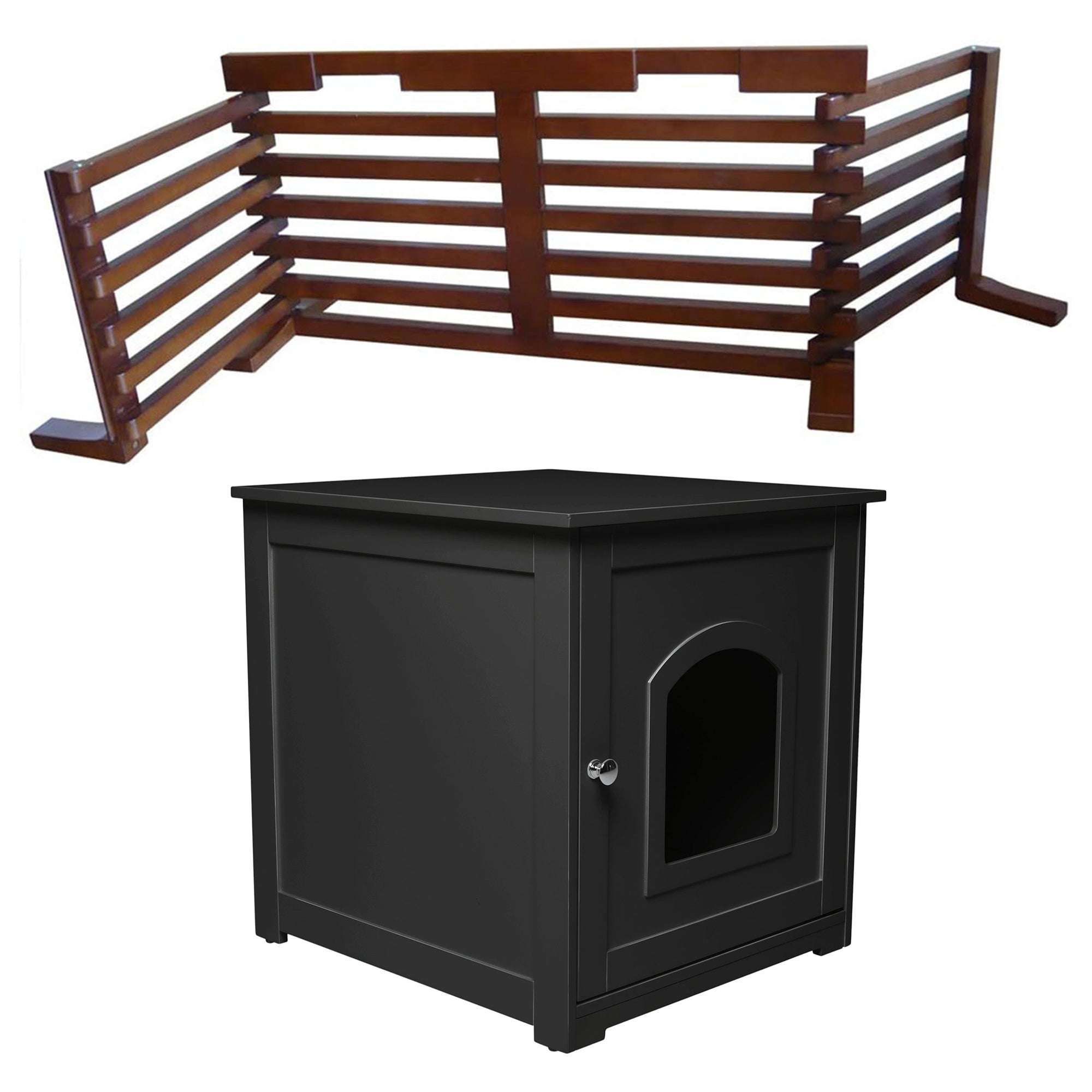 Merry Products Wooden 6 Foot Dog Gate-N-Crate for Small to Medium Pets, Walnut + zoovilla Kitty Litter Loo Indoor Hidden Litter Box Furniture Enclosure, Black