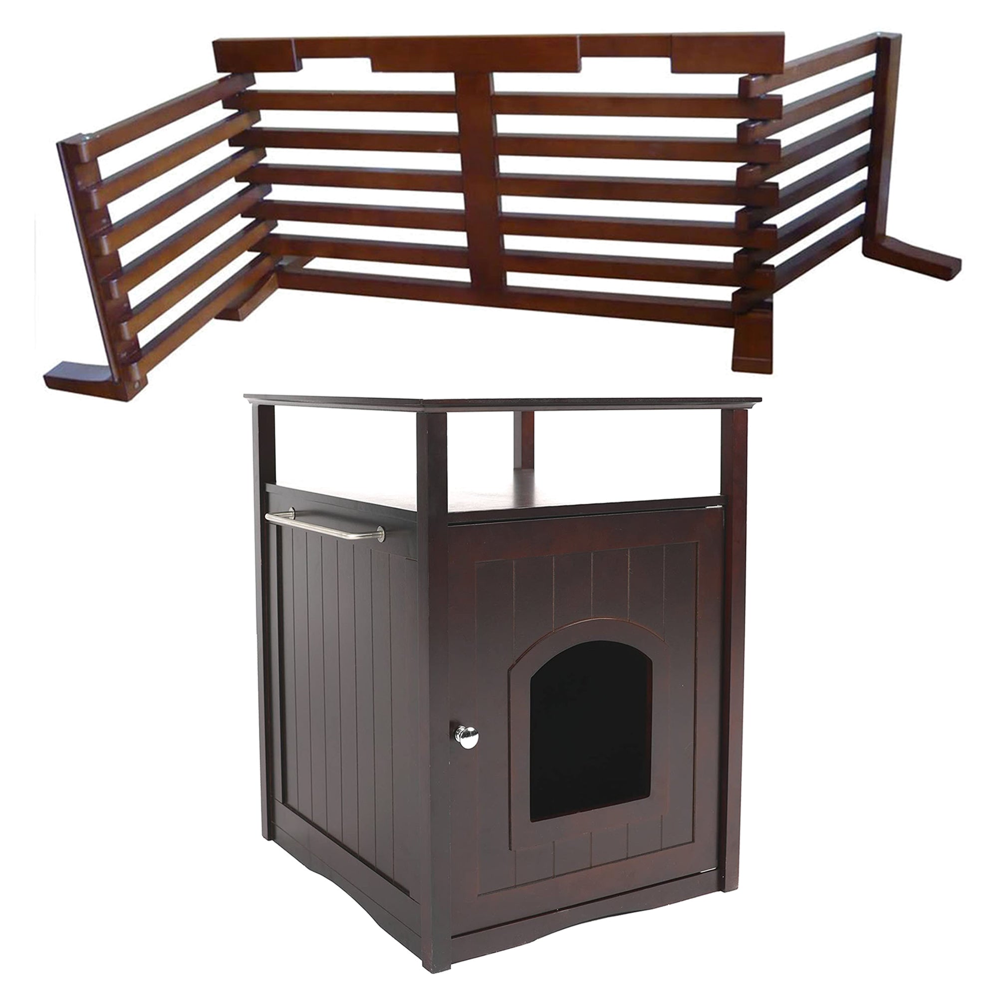 Merry Products Wooden 6 Foot Dog Gate-N-Crate for Small to Medium Pets, Walnut + Merry Products Decorative Cat Enclosed Litter Box Washroom Night Stand, Espresso