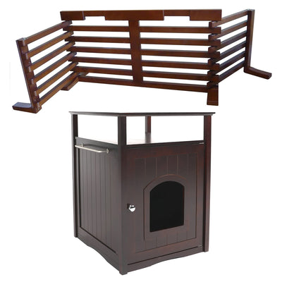 Merry Products Wooden 6 Foot Dog Gate-N-Crate for Small to Medium Pets, Walnut + Merry Products Decorative Cat Enclosed Litter Box Washroom Night Stand, Espresso