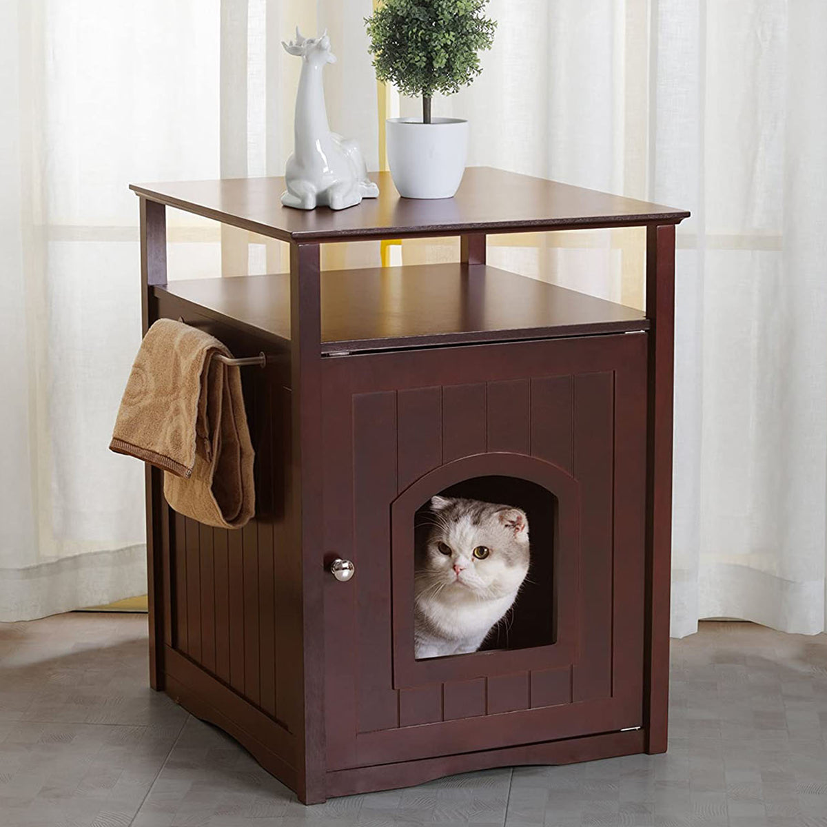 Merry Products Wooden 6 Foot Dog Gate-N-Crate for Small to Medium Pets, Walnut + Merry Products Decorative Cat Enclosed Litter Box Washroom Night Stand, Espresso