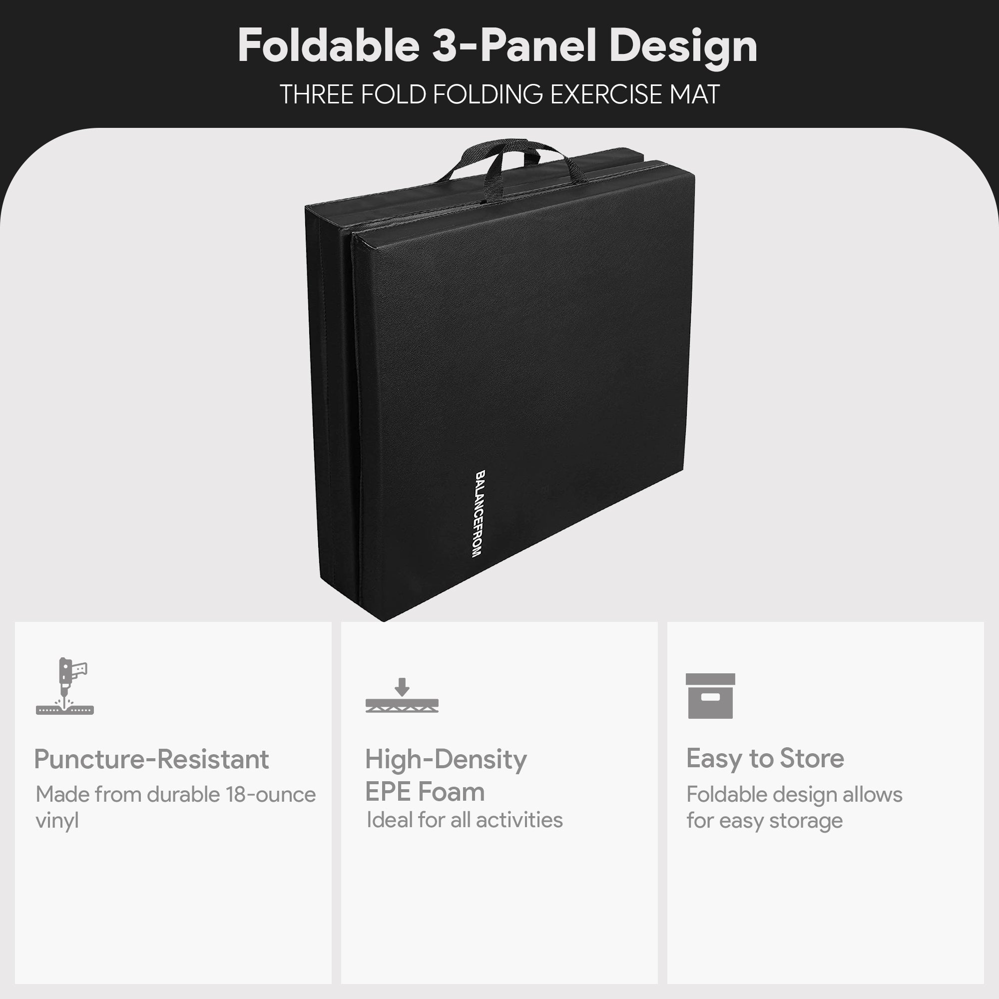 BalanceFrom Fitness GoGym 6x2ft Folding 3 Panel Exercise Mat with Handles, Black - VMInnovations