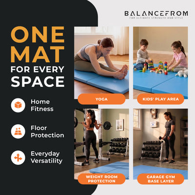 BalanceFrom Fitness GoGym 6x2ft Folding 3 Panel Exercise Mat with Handles, Blue