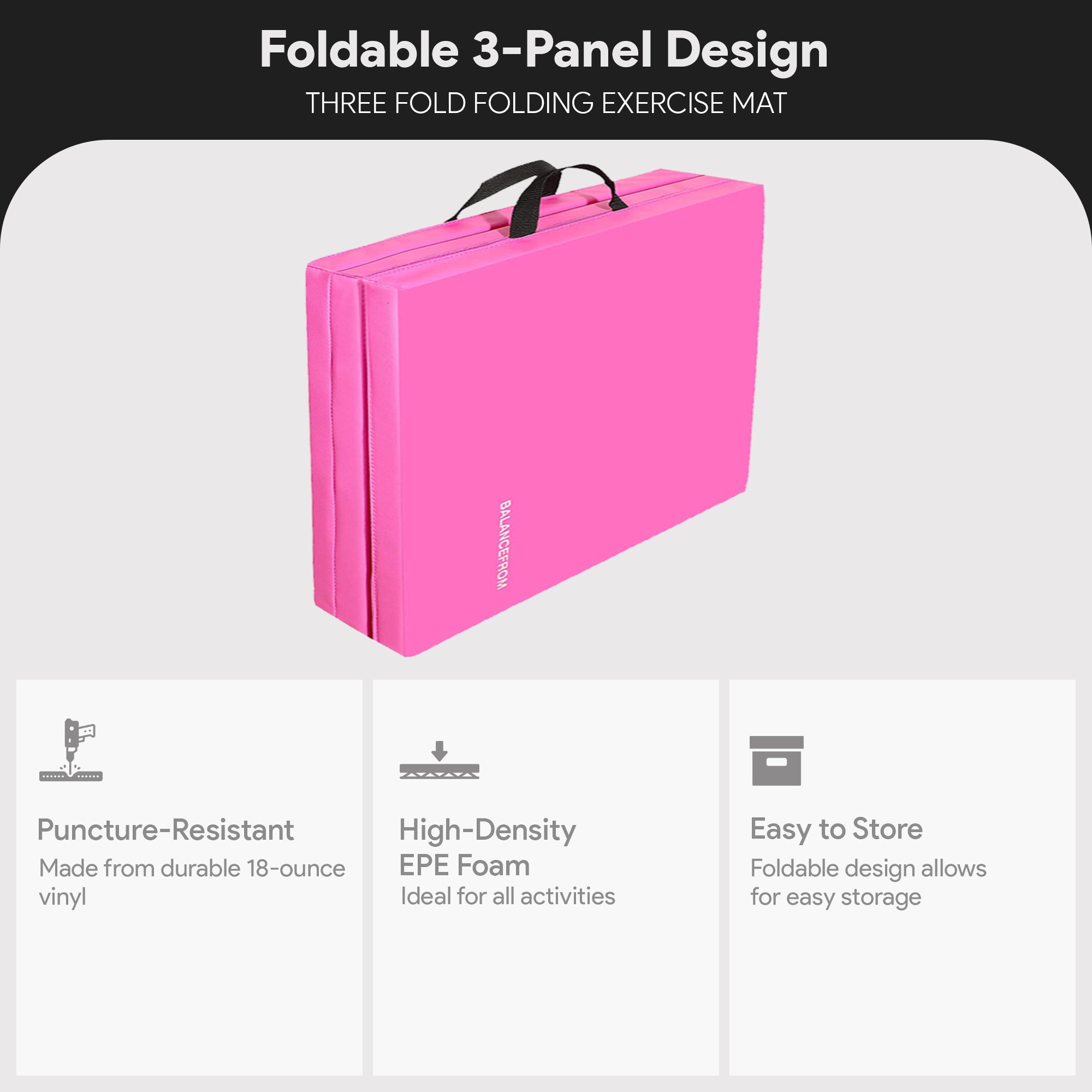 BalanceFrom Fitness GoGym 6'x2'x1.5" Folding 3 Panel Exercise Mat, Pink (Used) - VMInnovations