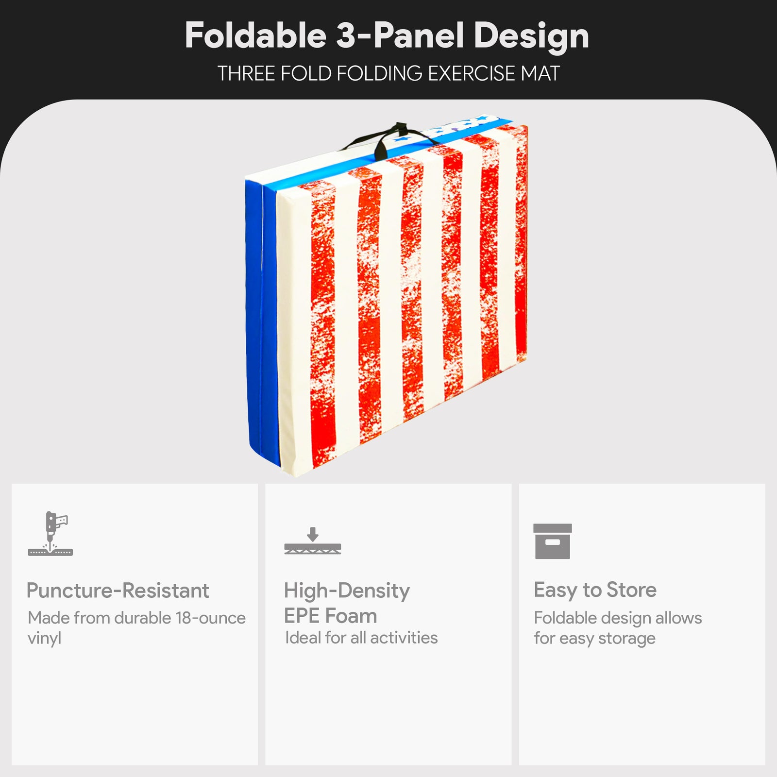 Fitness GoGym 1.5" Thick Folding 3 Panel Gym Mat, Red/White/Blue (Open Box) - VMInnovations