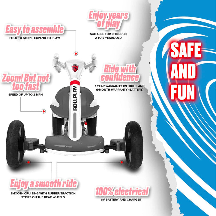 Rollplay FLEX Kart Foldable Ride-On Kids Tricycle 6V Battery Electric Car, White - VMInnovations
