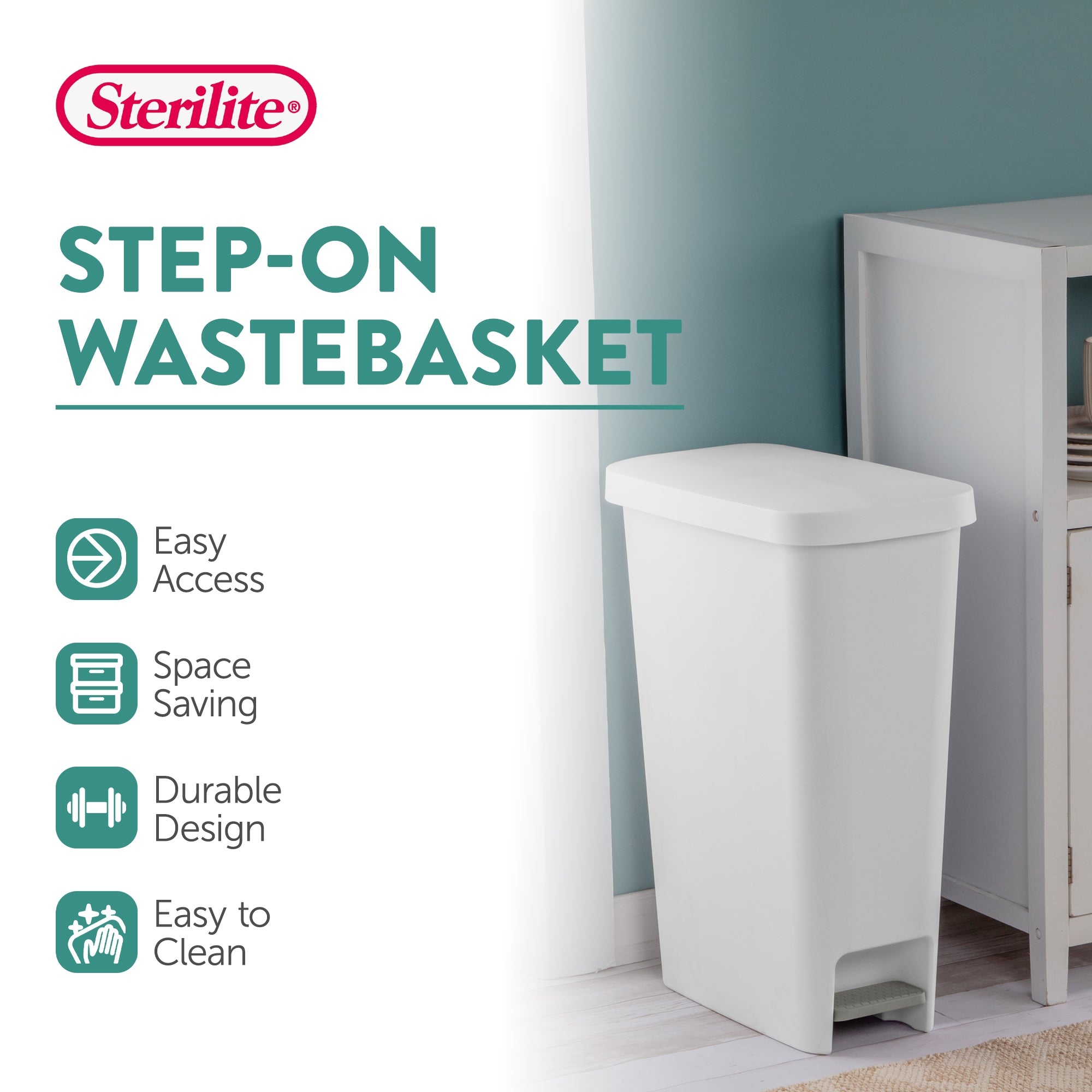 Sterilite 11 Gal. Slim Hands Free Portable Wastebasket Trash Can, White (4 Pack)