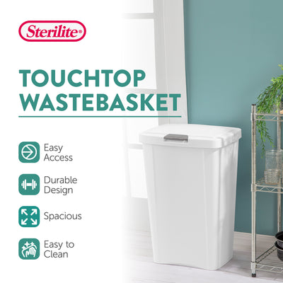 Sterilite 13 Gallon TouchTop Wastebasket with Titanium Latch, White (8 Pack)
