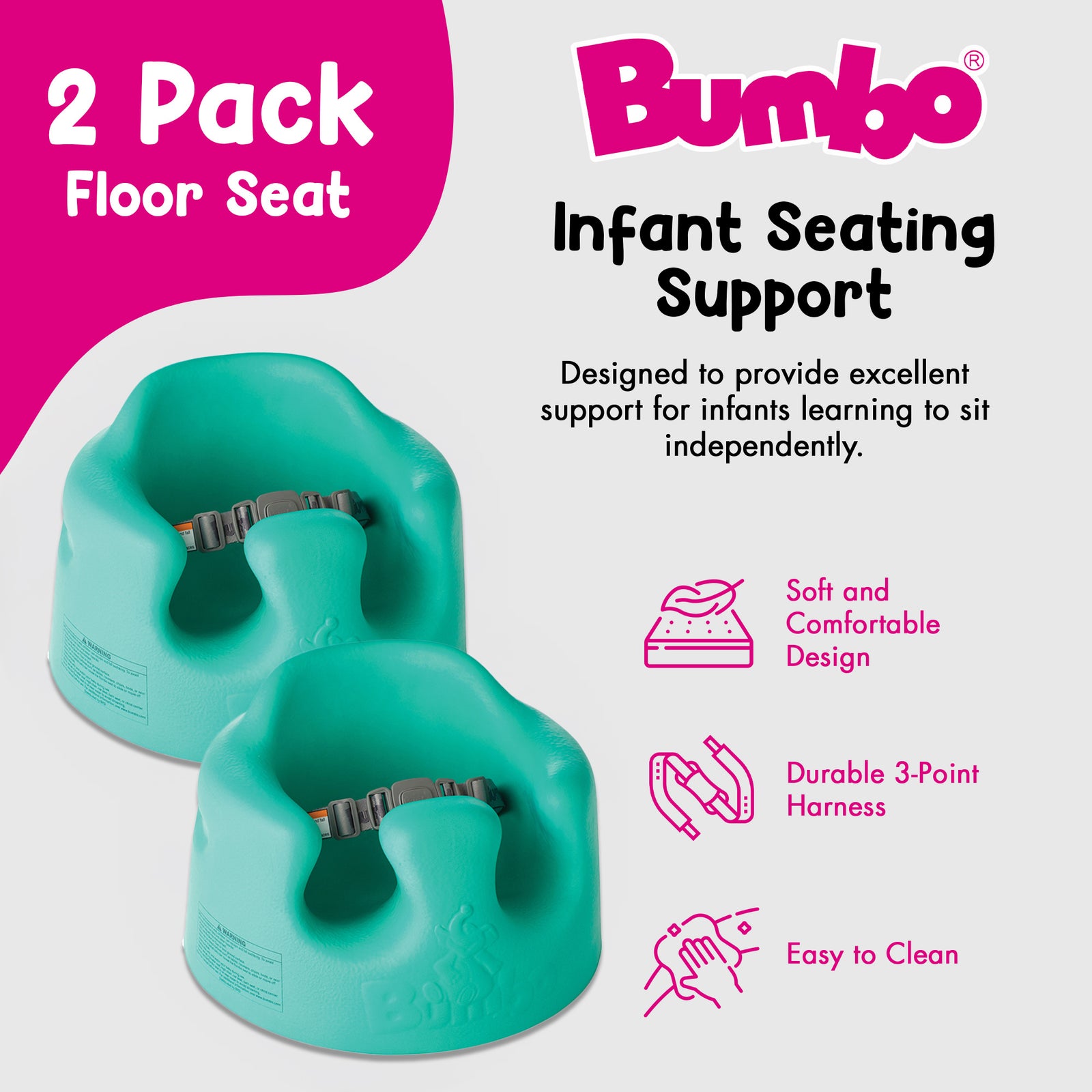 Bumbo Baby Soft Foam Wide Floor Seat w/3 Point Adjustable Harness, Aqua (2 Pack) - VMInnovations