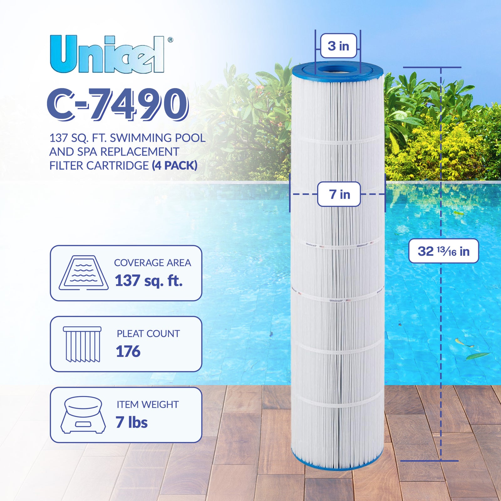 Unicel C-7490 Replacement 137 Sq Ft Pool Filter Cartridge, 176 Pleats (4 Pack) - VMInnovations