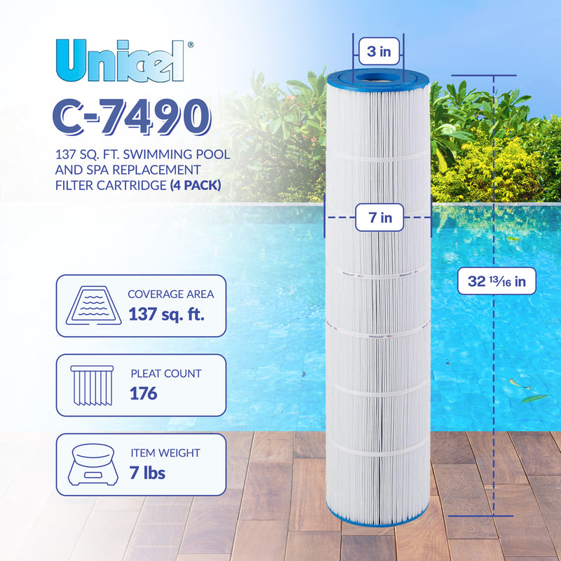 Unicel C-7490 Replacement 137 Sq Ft Pool Filter Cartridge, 176 Pleats (4 Pack)
