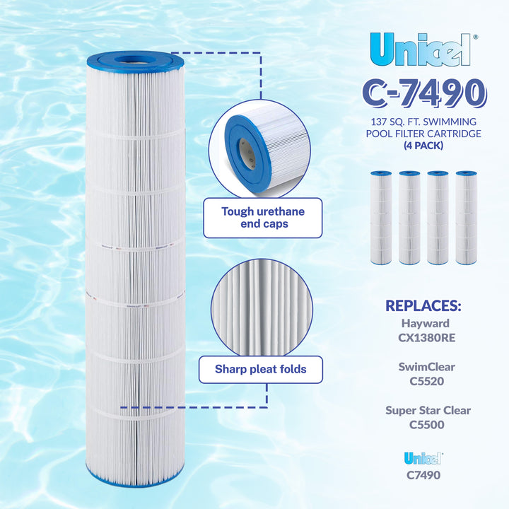 Unicel C-7490 Replacement 137 Sq Ft Pool Filter Cartridge, 176 Pleats (4 Pack)