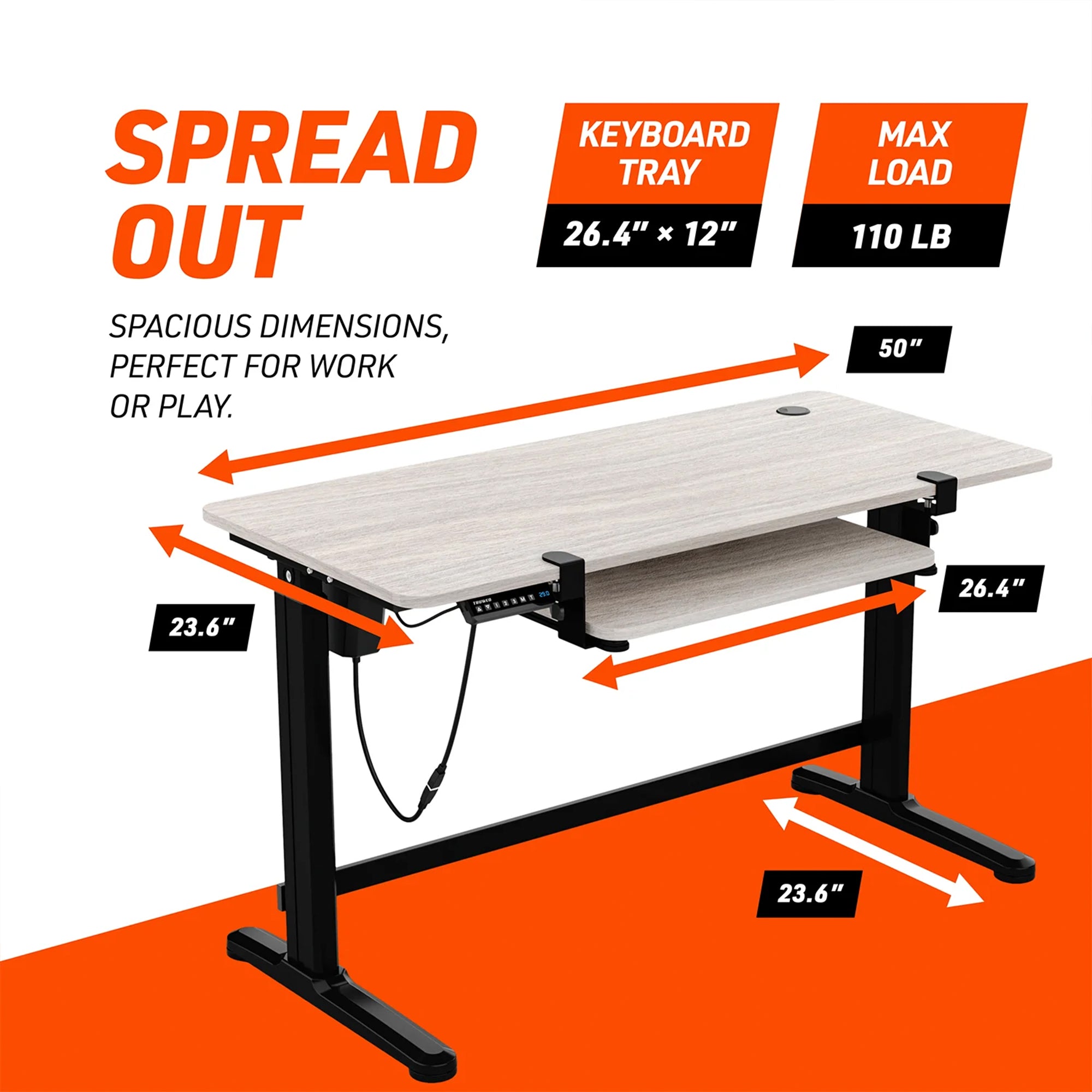 Truweo Adjustable Electric Standing Desk Tabletop w/Sliding Keyboard Tray, Gray - VMInnovations