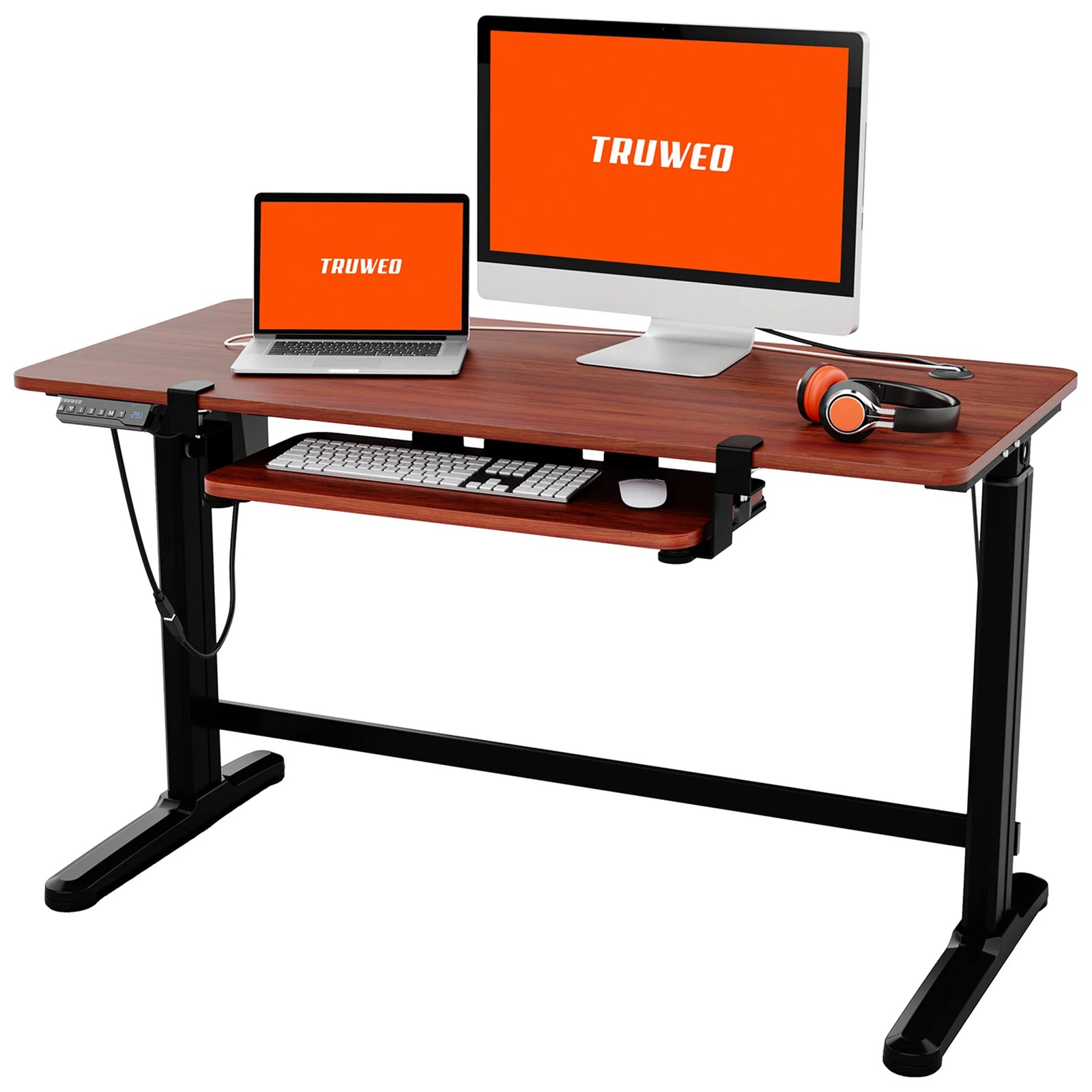 Truweo Adjustable Electric Standing Desk w/Sliding Keyboard Tray, Brown (Used) - VMInnovations