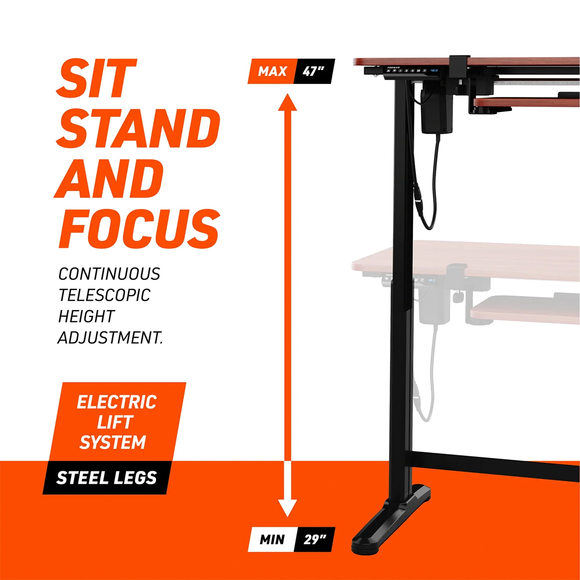 Truweo Adjustable Electric Standing Desk Tabletop w/Sliding Keyboard Tray, Brown - VMInnovations