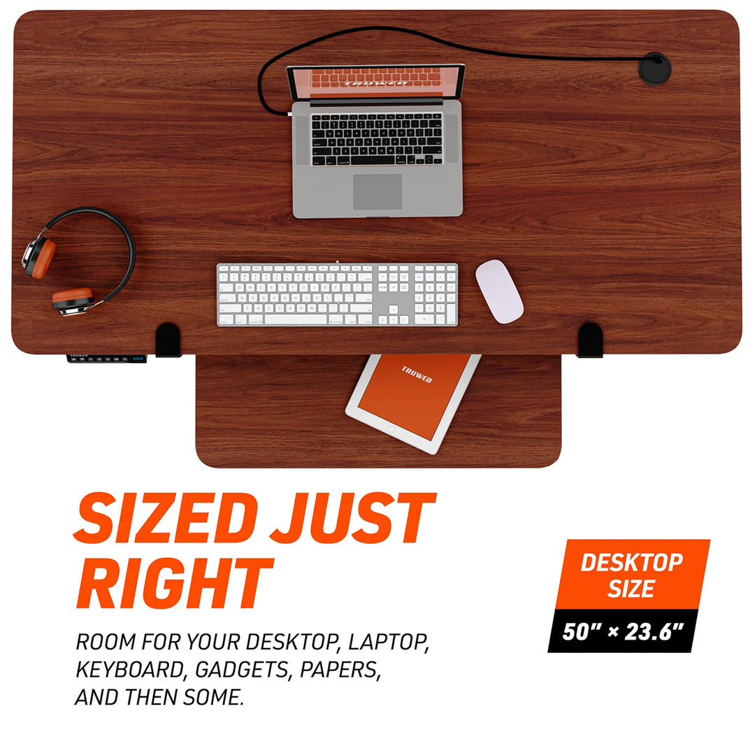 Truweo Adjustable Electric Standing Desk w/Sliding Keyboard Tray, Brown (Used) - VMInnovations